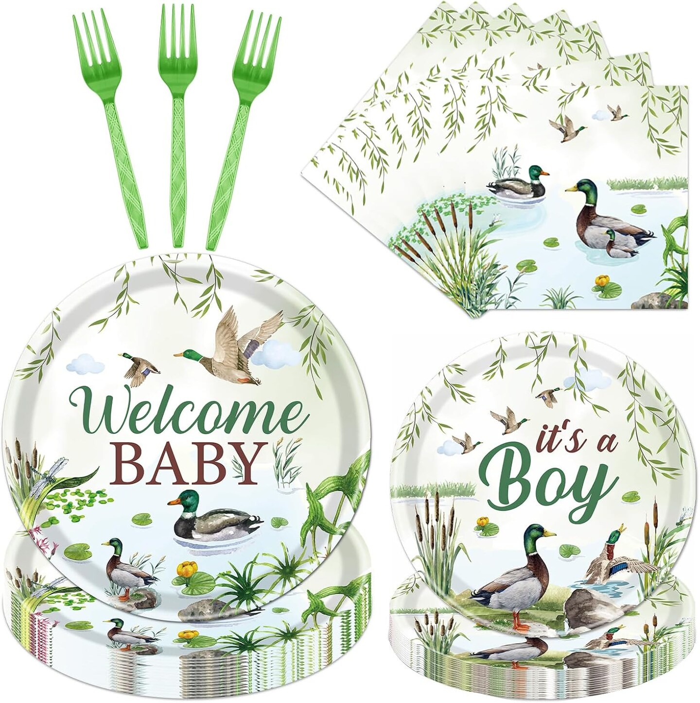 96PCS Mallard Duck Baby Shower Tableware Set Serve 24 (Green)