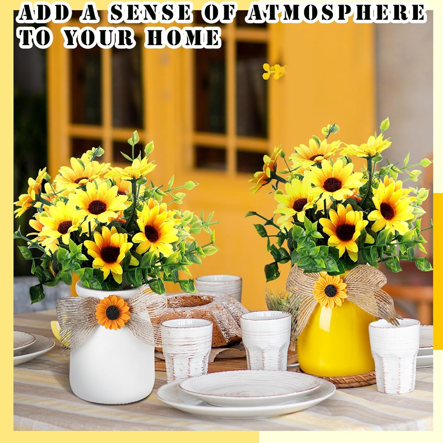 (2 Pcs) Artificial Fake Flowers with Vase Decoration (White, Yellow, Green) 2.5"D x 2.5"W x 3.2"H