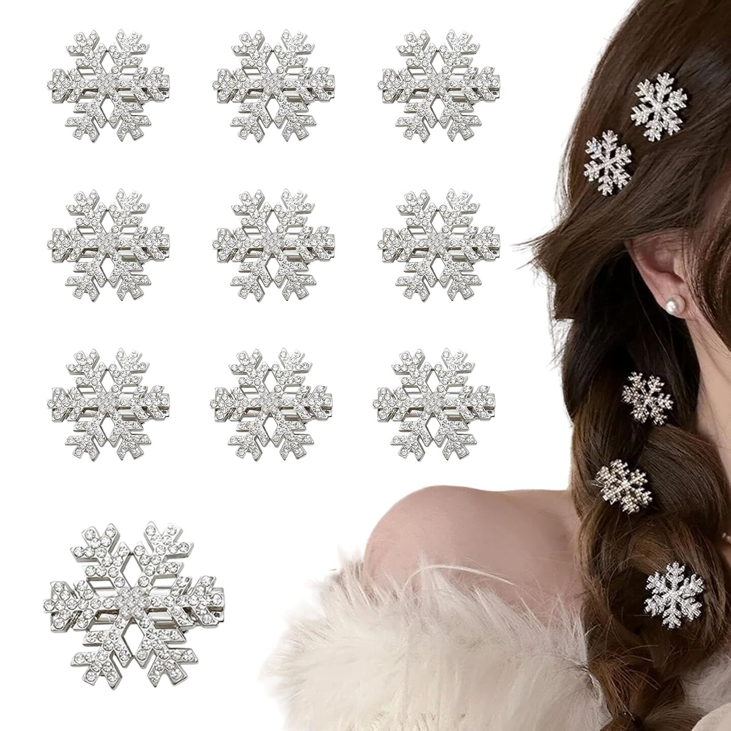 10 Pcs Sparkly Rhinestone Snowflake Hair Clip Hair Barrettes