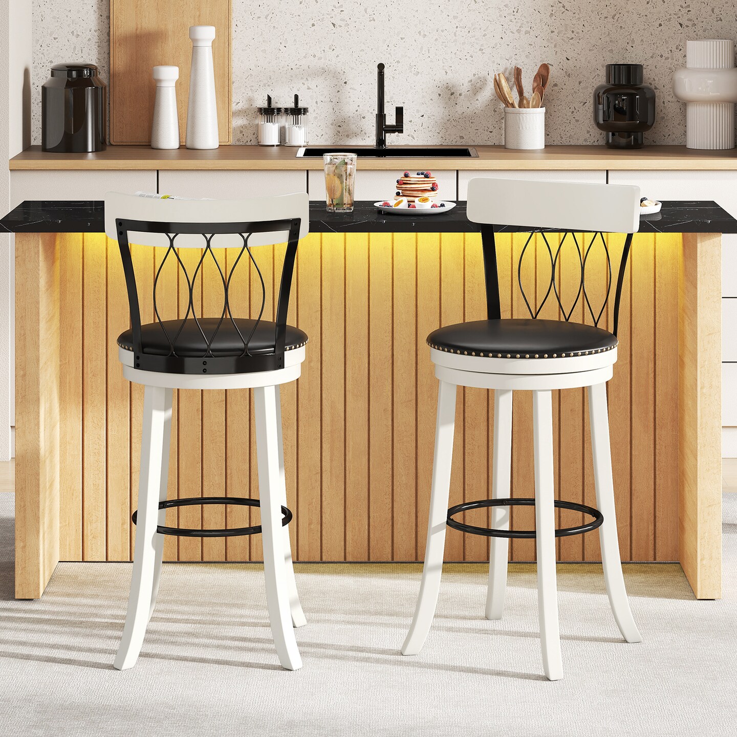 Set of 2 Bar Stools with 360° Swivel and Footrest for Kitchens and Bars