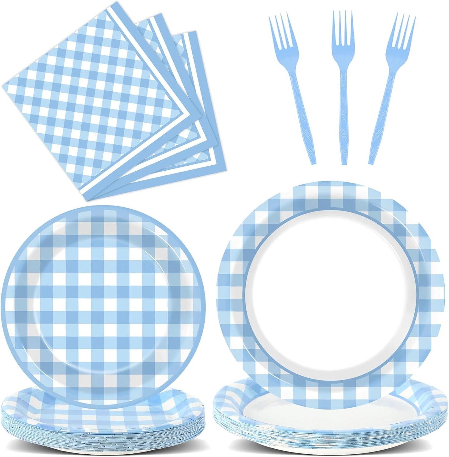 100PCS Baby Shower Checkered Tableware Set - Serves 25 (Blue and White Gingham)