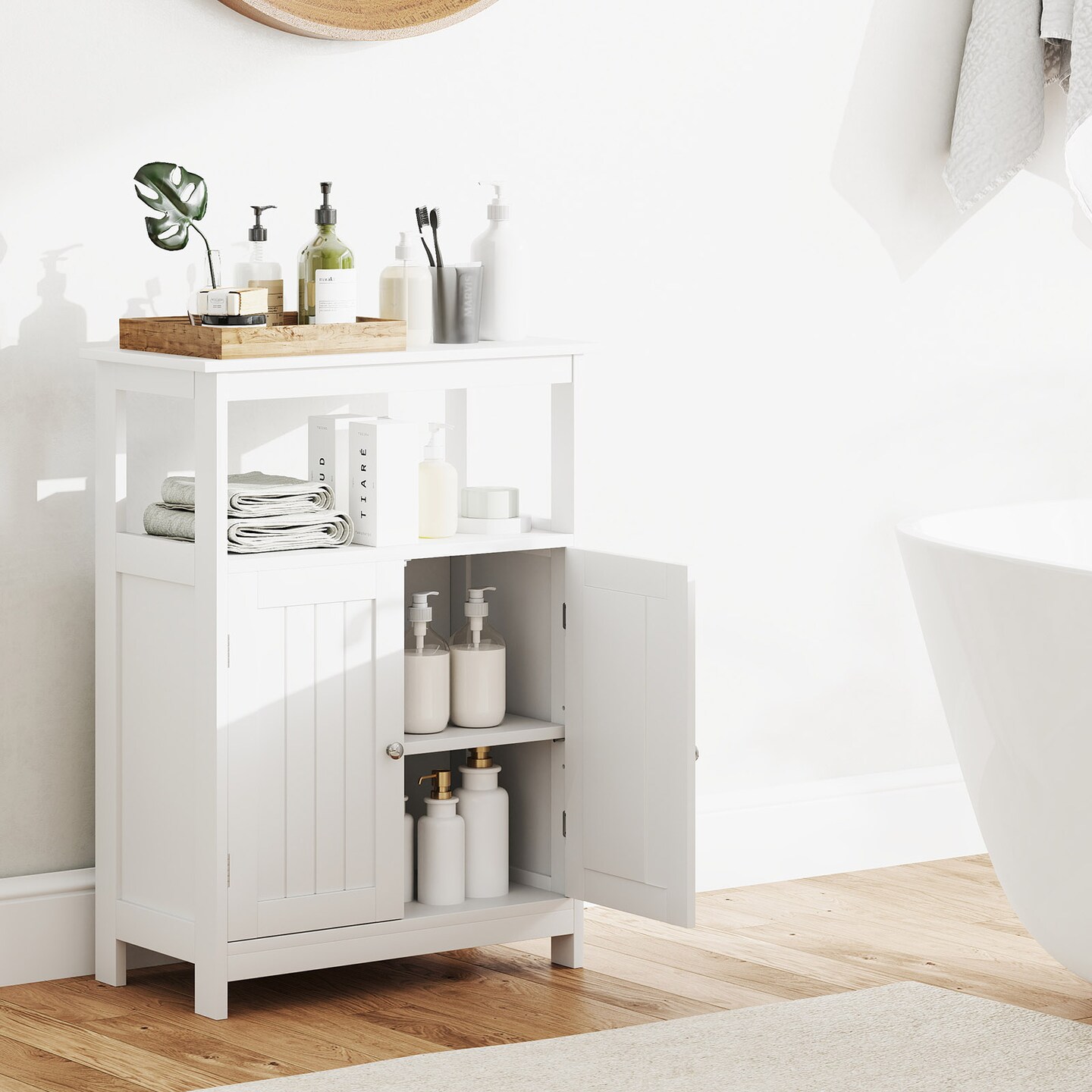 Freestanding Bathroom Storage Cabinet with Open Compartment and Adjustable Shelf