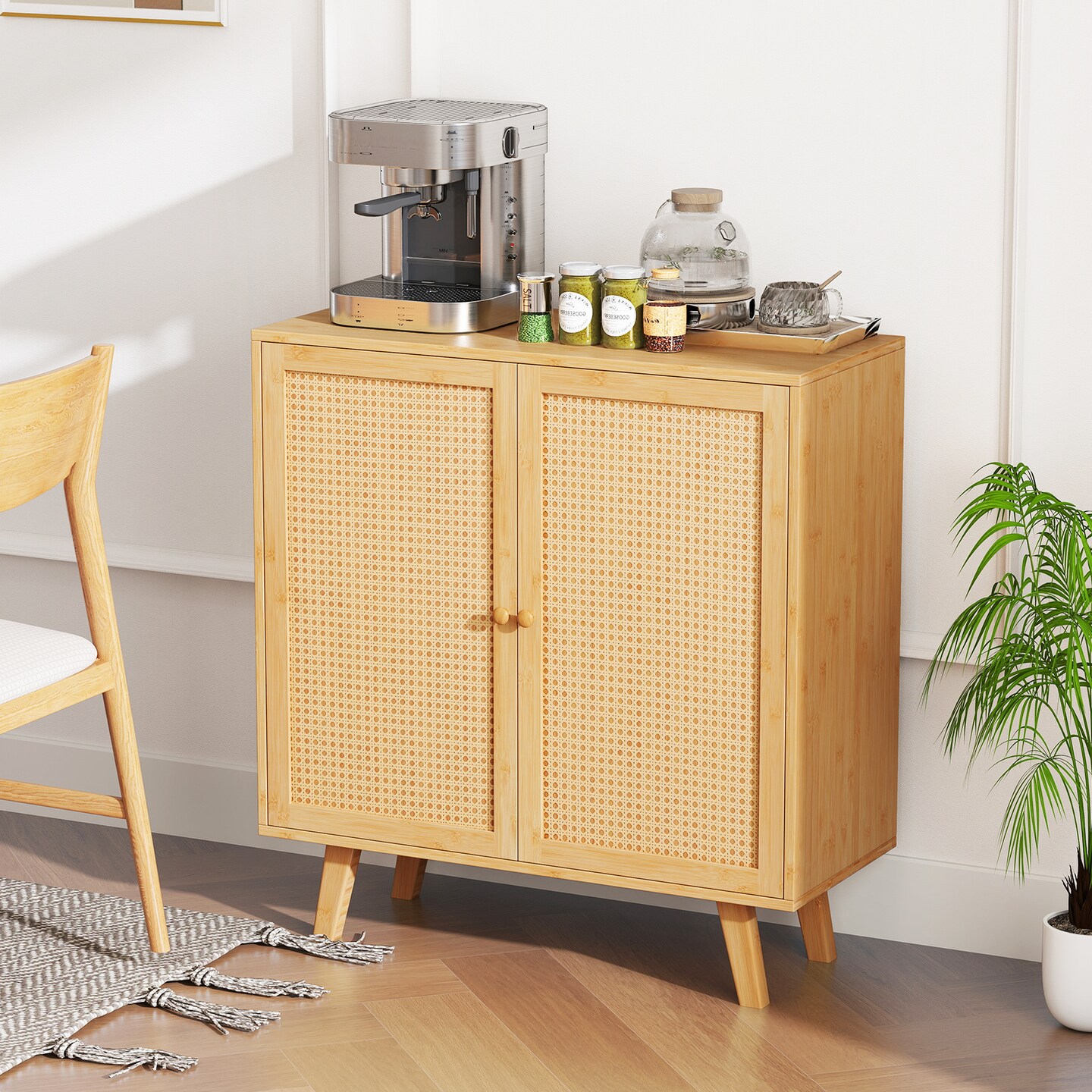 Natural Wicker PE Rattan Sideboard Cabinet with 2 Doors, Raised Base and Non-Slip Pads