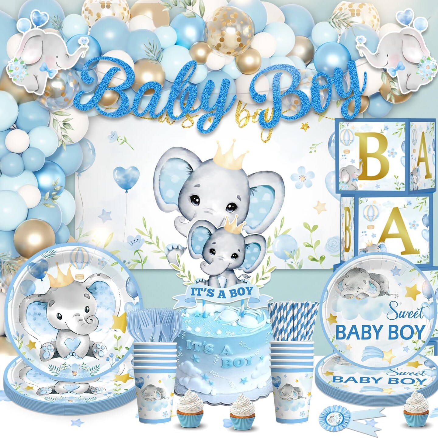 260PCS Elephant Baby Shower Decorations, All-in-1 Party Pack, Includes 20 Elephant Theme