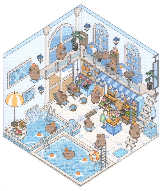 Capybara Pool Party Room Scene Stickers, Cute Isometric Set, Adorabilities