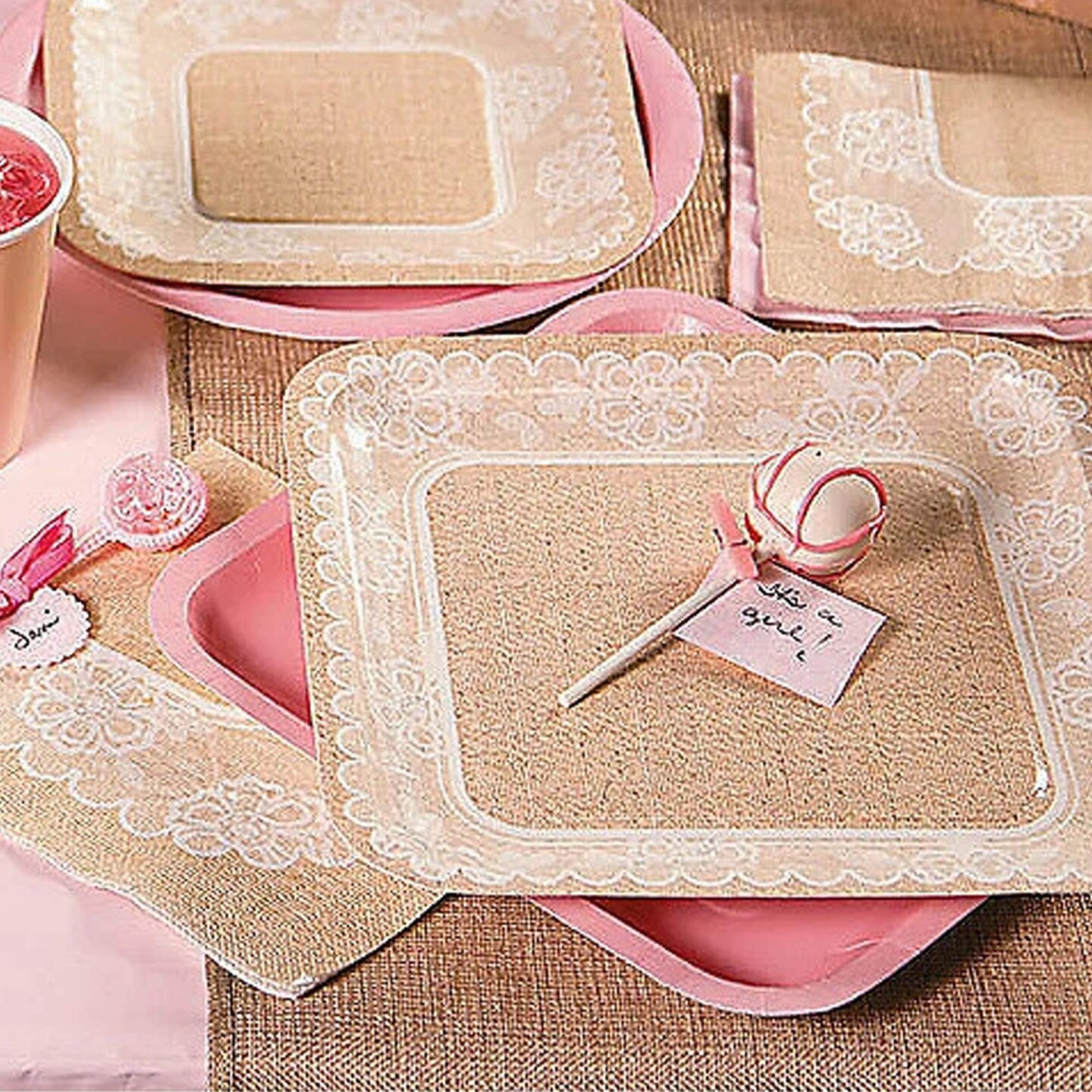 8 Count Burlap and Lace Square Paper Dessert Plates 7 Inch Print Plates & Bowls