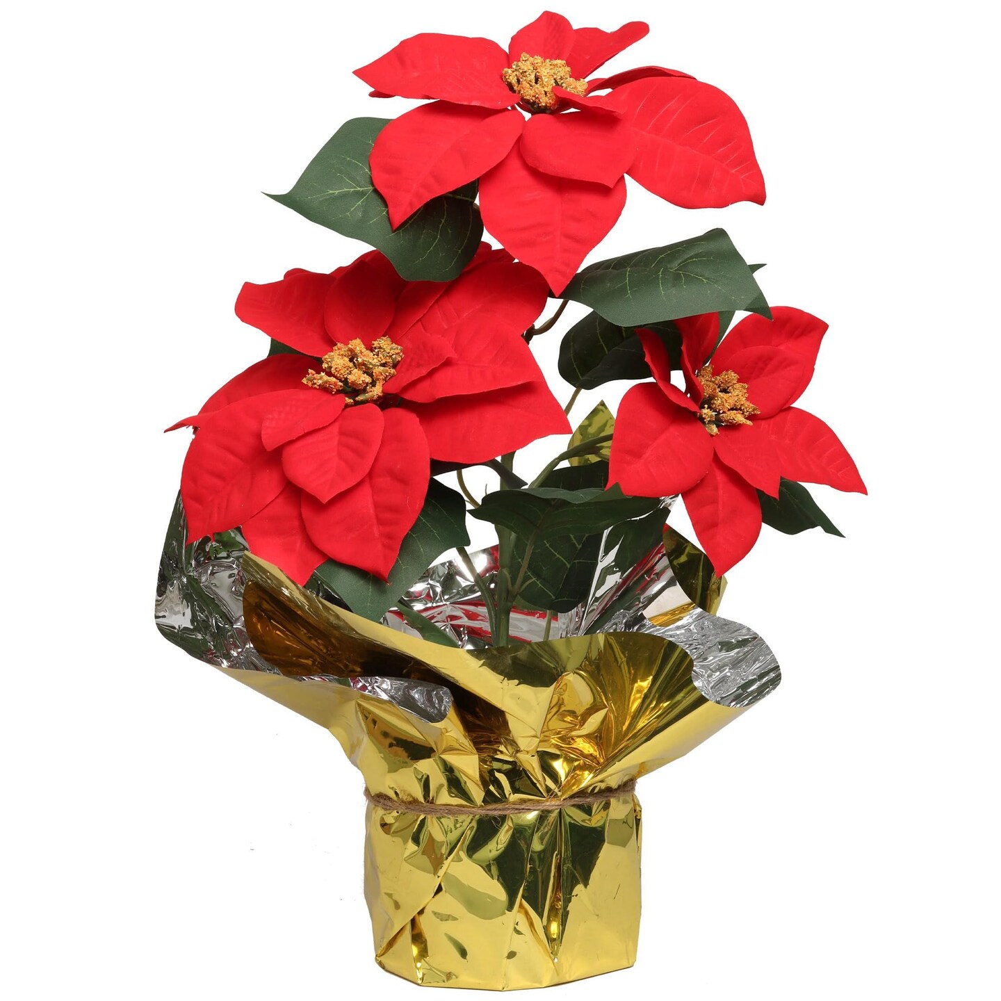 6-Pack Red Velvet Poinsettia Bush with 3 Silk Flowers in Gold Foil Pot - Lifelike Holiday Decor | Elegant Centerpiece for Tabletop &#x26; Mantel | Perfect Festive Christmas Accent - 2024 Christmas Collection, Floral Home by Artificial Flowers
