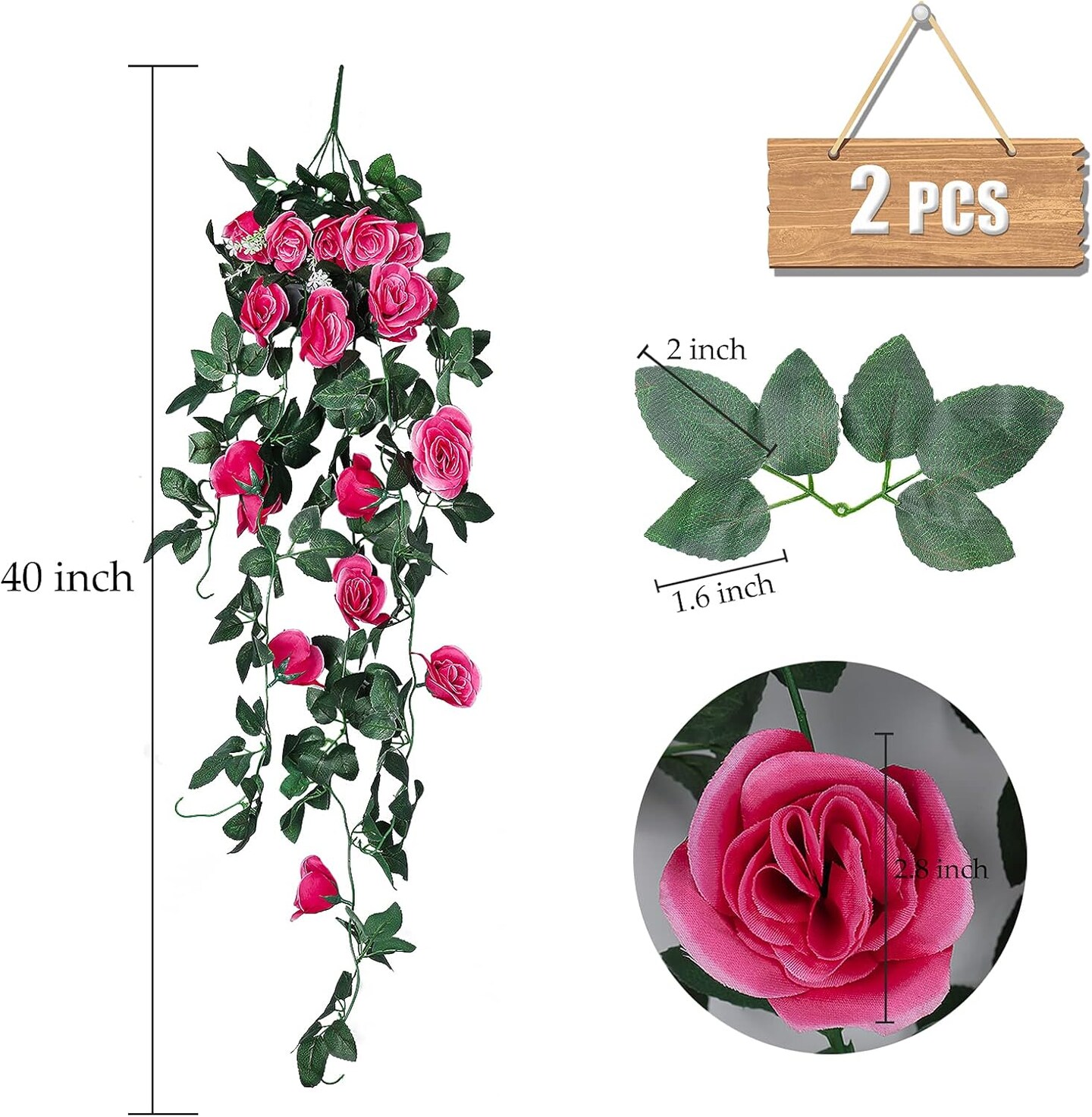 2PCS Artificial Hanging Flowers 3.3Ft Fake Flower Plants(Rose Red)