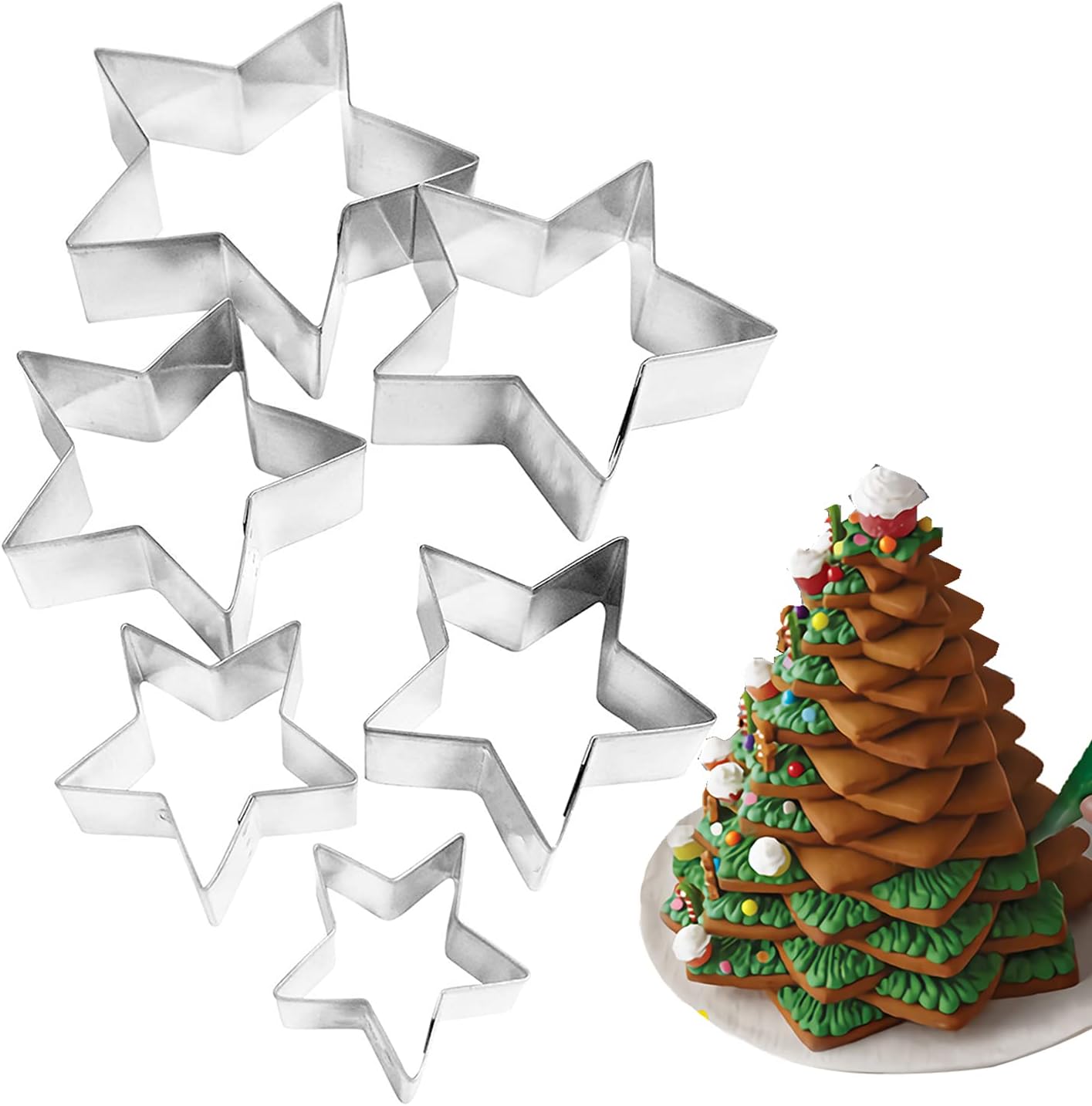 6 Pieces Star Cookie Cutters, 3D Christmas Tree Cookie Cutter Set, 4th of July Cookie