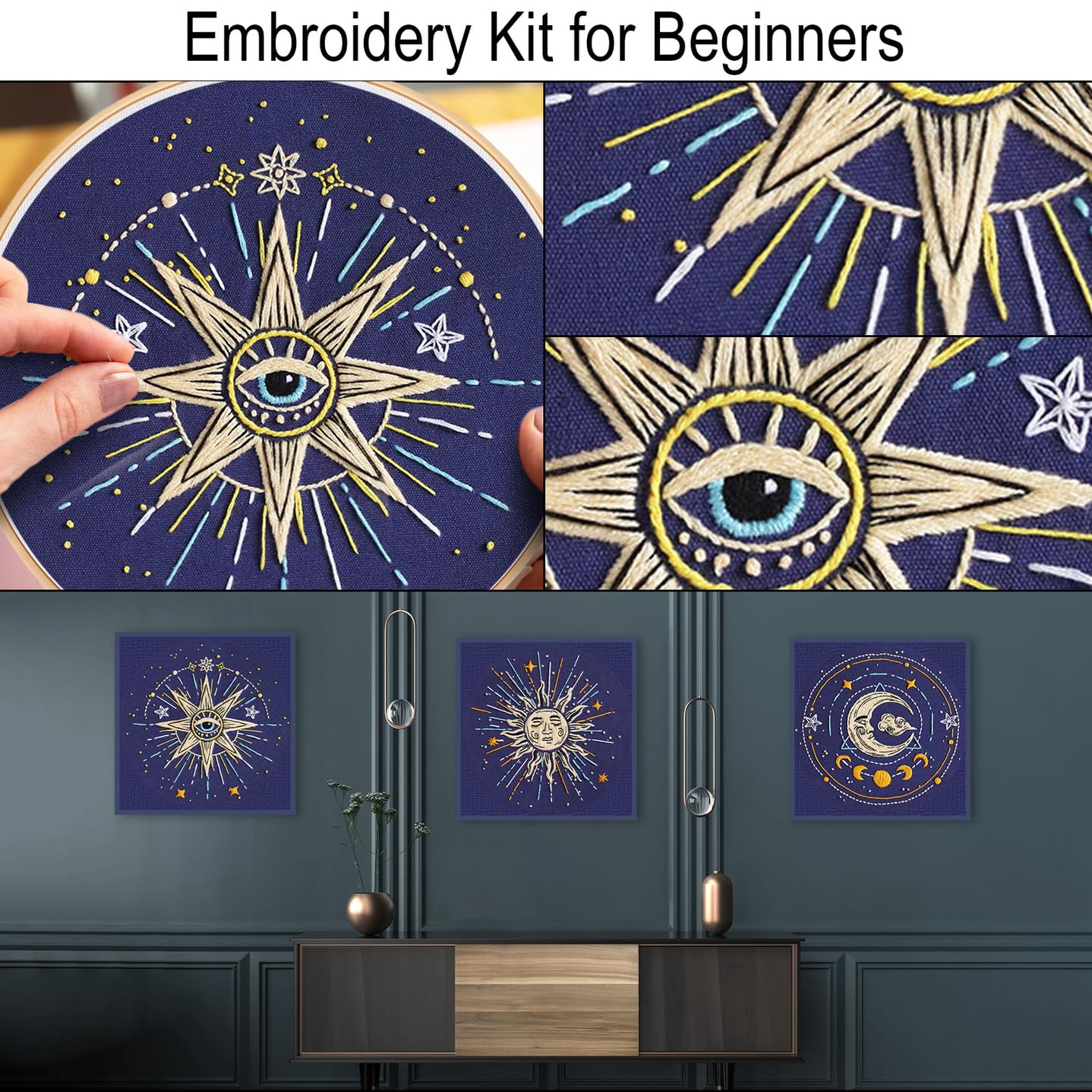 Louise Maelys 3 Set Tarot Embroidery Kits for Beginners,Cross Stitch Kit for Adults,Starters DIY Needlepoint Including Embroidery Cloth with Sun Moon Star Evil Eye Pattern and Instructions