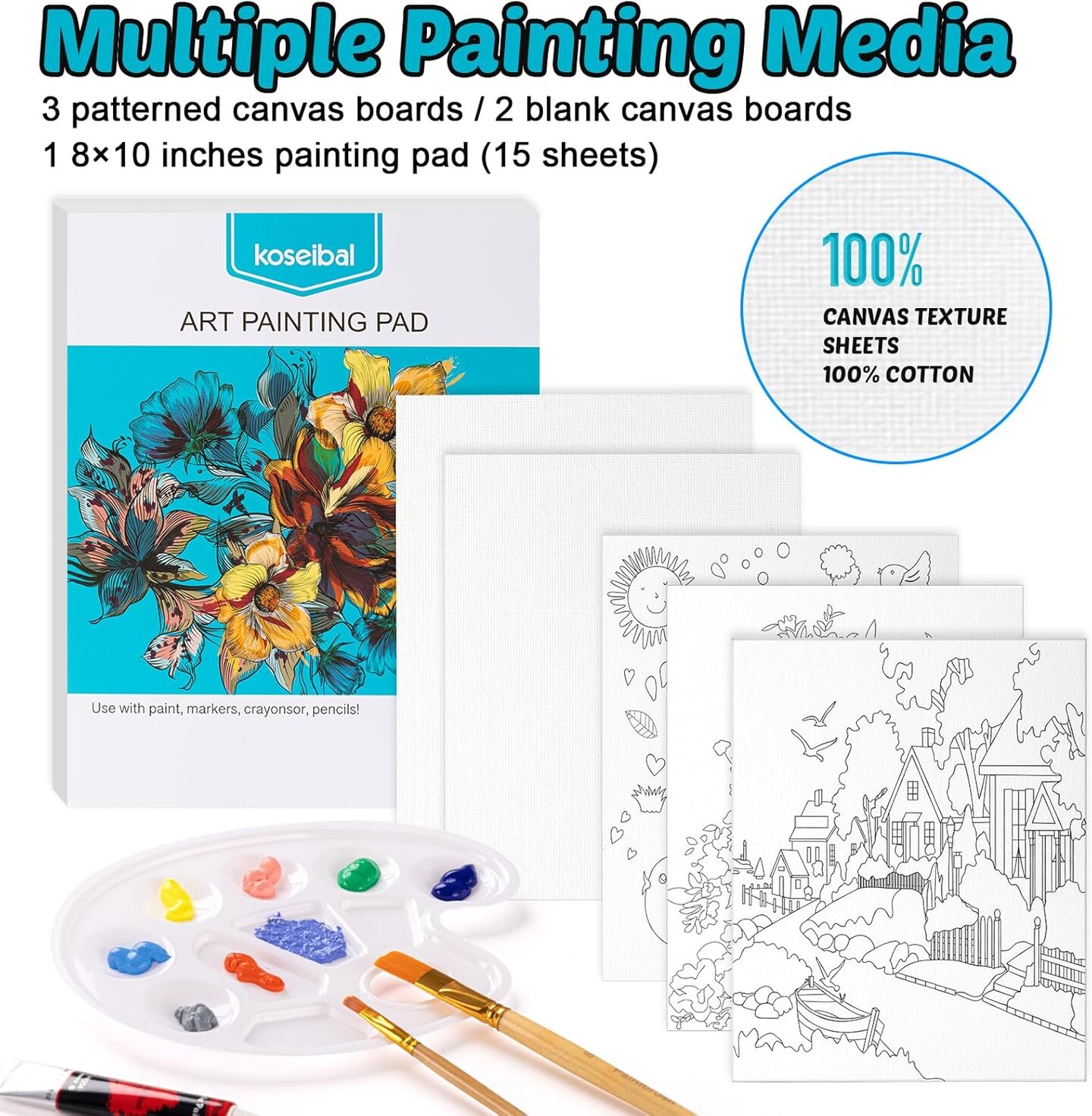 Art Painting Supplies Kit with 18 Paints, 5 Canvas Panels, 8 Brushes