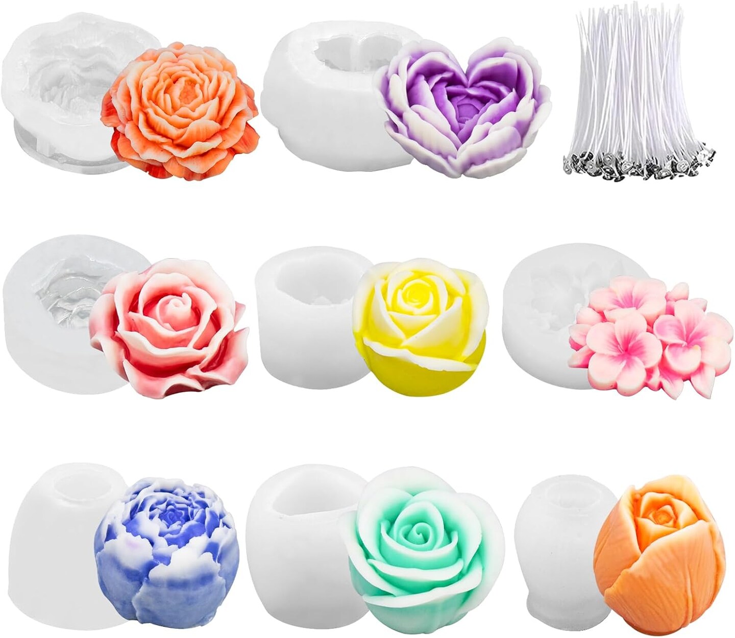 8Pcs Rose Flower Tulip Peony Heart Candle Soap Wax Mold
