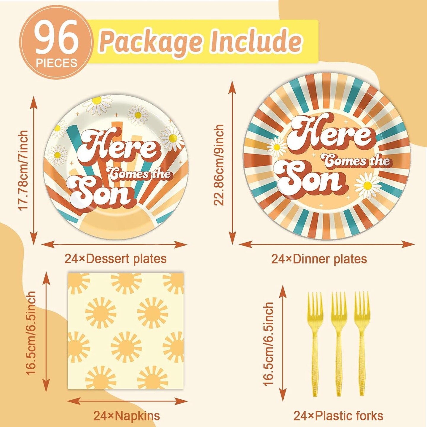 96 Pcs Here Comes the Son Baby Shower Tableware Set 24 Guests (Gold)