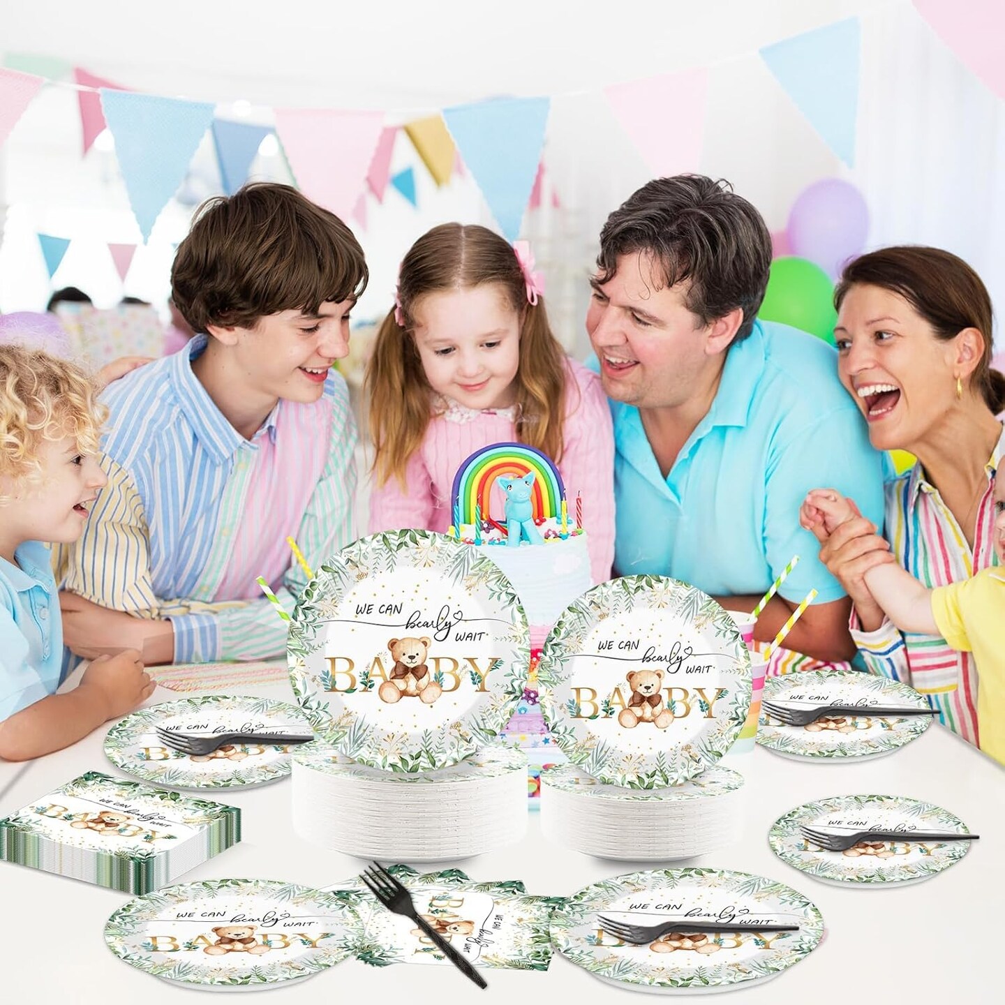 200PCS Sage Green Bear Baby Shower Decoration Teddy Plates, Serves 50 (Green)