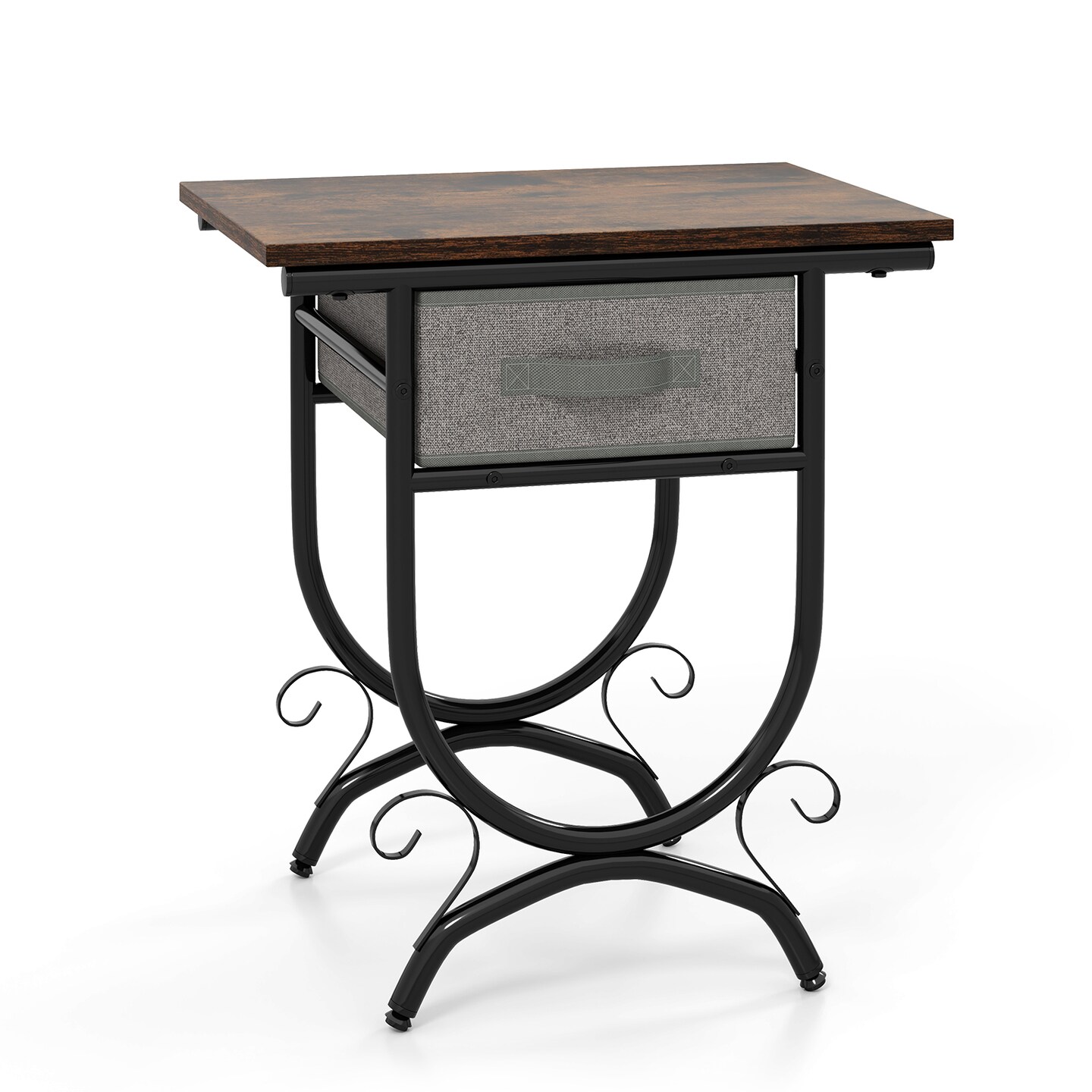 Engineered Wood Metal Side Table with Fabric Drawer and Adjustable Feet