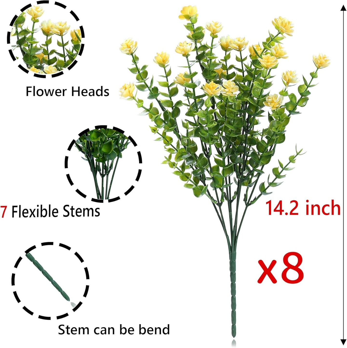 8 Bundles Yellow Artificial Flowers Outdoor Fake Flower Plastic (Yellow) 9"D x 9"W x 14"H