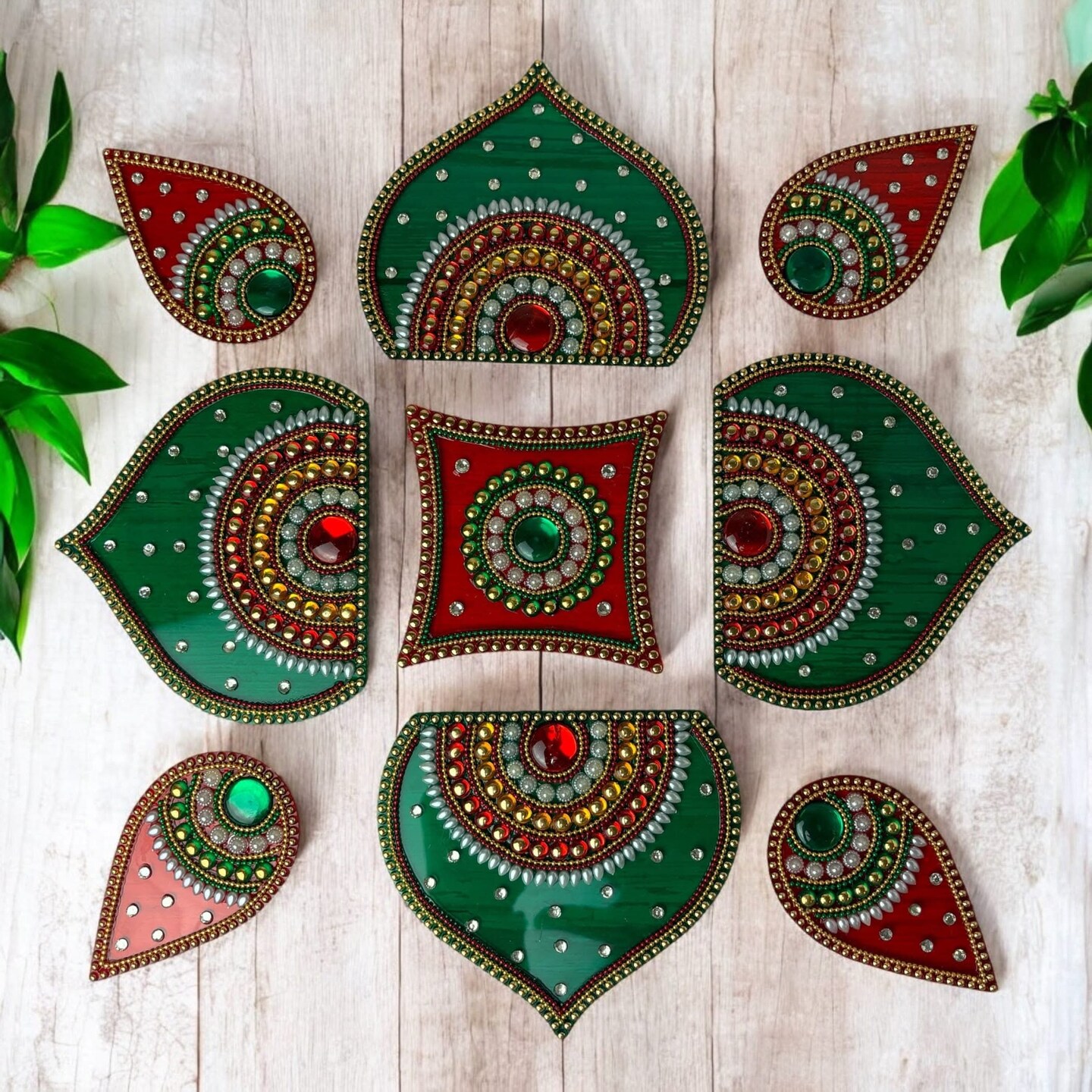Diwali Acrylic Rangoli Set Decorative Pooja Floor Rangoli with Studded Stones Indian Traditional Multicolor Handmade Reusable Rangoli Set Festive Home Decor Housewarming Gift