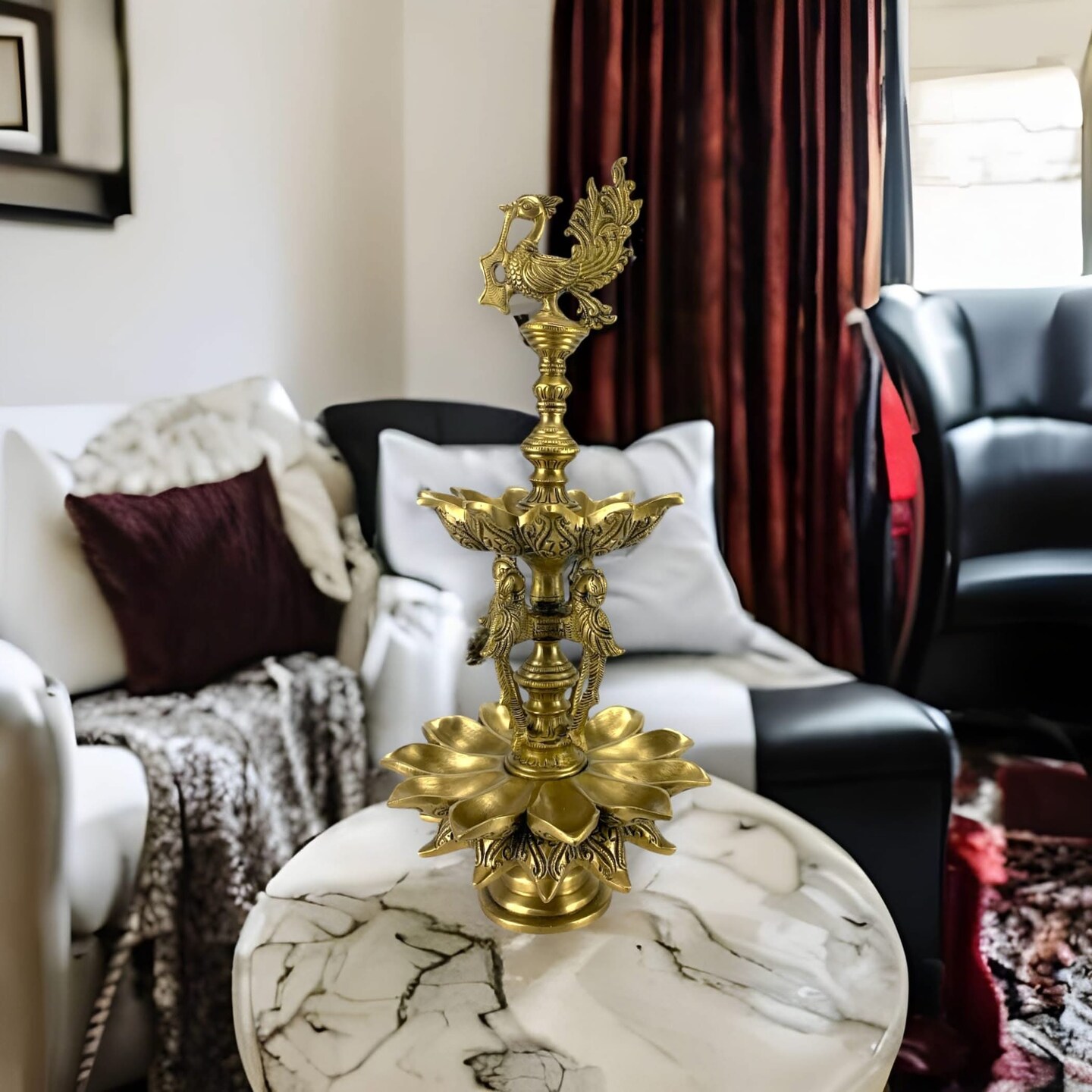 Large Parrot Brass Oil Diya Kerala Samai Puja Diya Traditional 18.5 Inch Oil Lamp Hindu Religious Kathu Vilakku Deepak for Puja Deepam Home Temple Diwali Decor Housewarming Return Gift