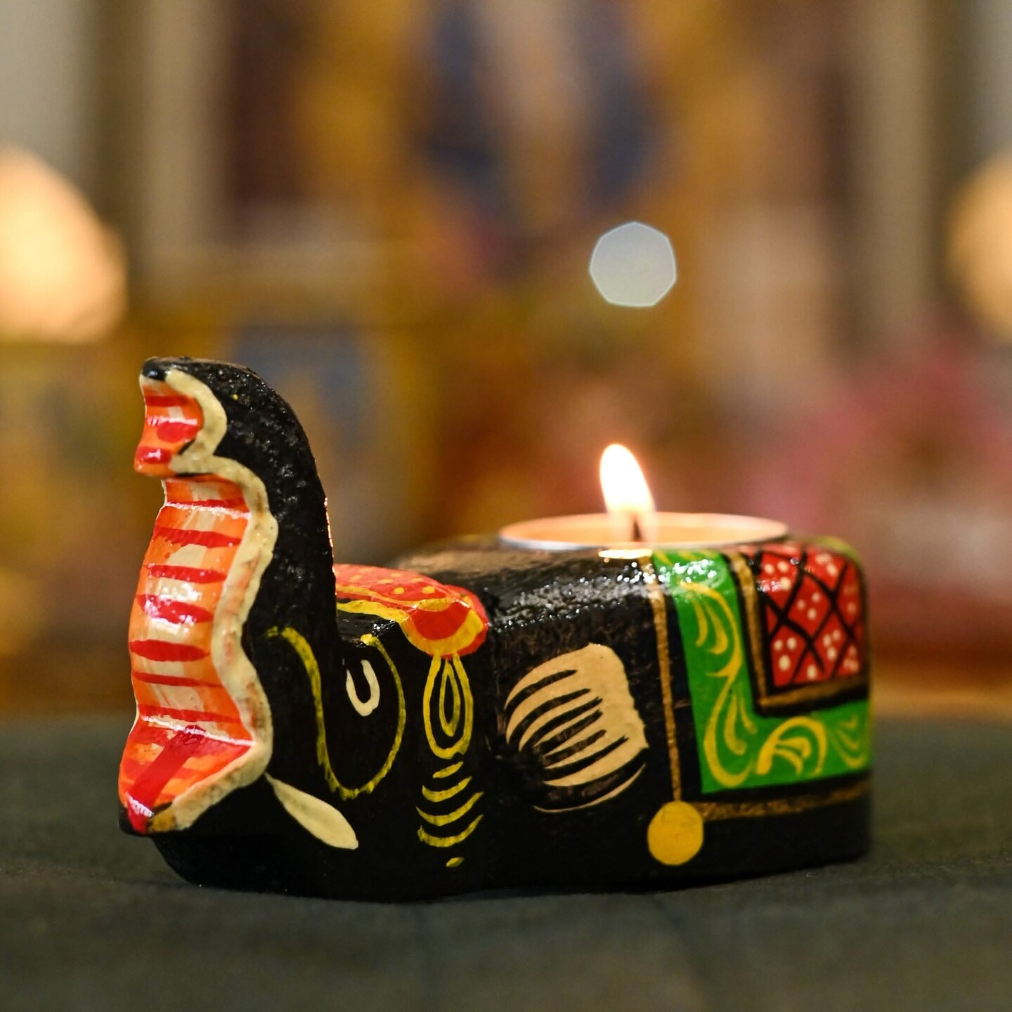 Wooden Elephant Tealight Candle Holder Handpainted Sitting Elephant T-light Table Top Decorative Showpiece Home Living Room Office Decor Indian Festival Housewarming Diwali Return Gifts