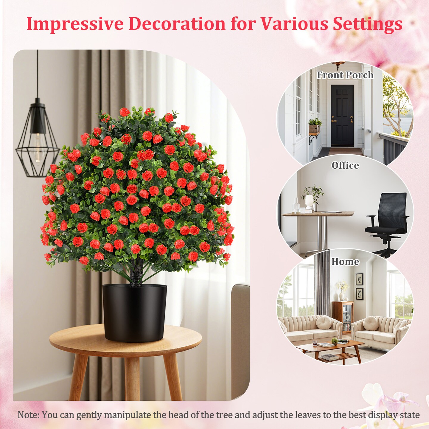 Red Artificial Rose Topiary Ball Plants Set of 2 with Cement Pots and UV-Resistant
