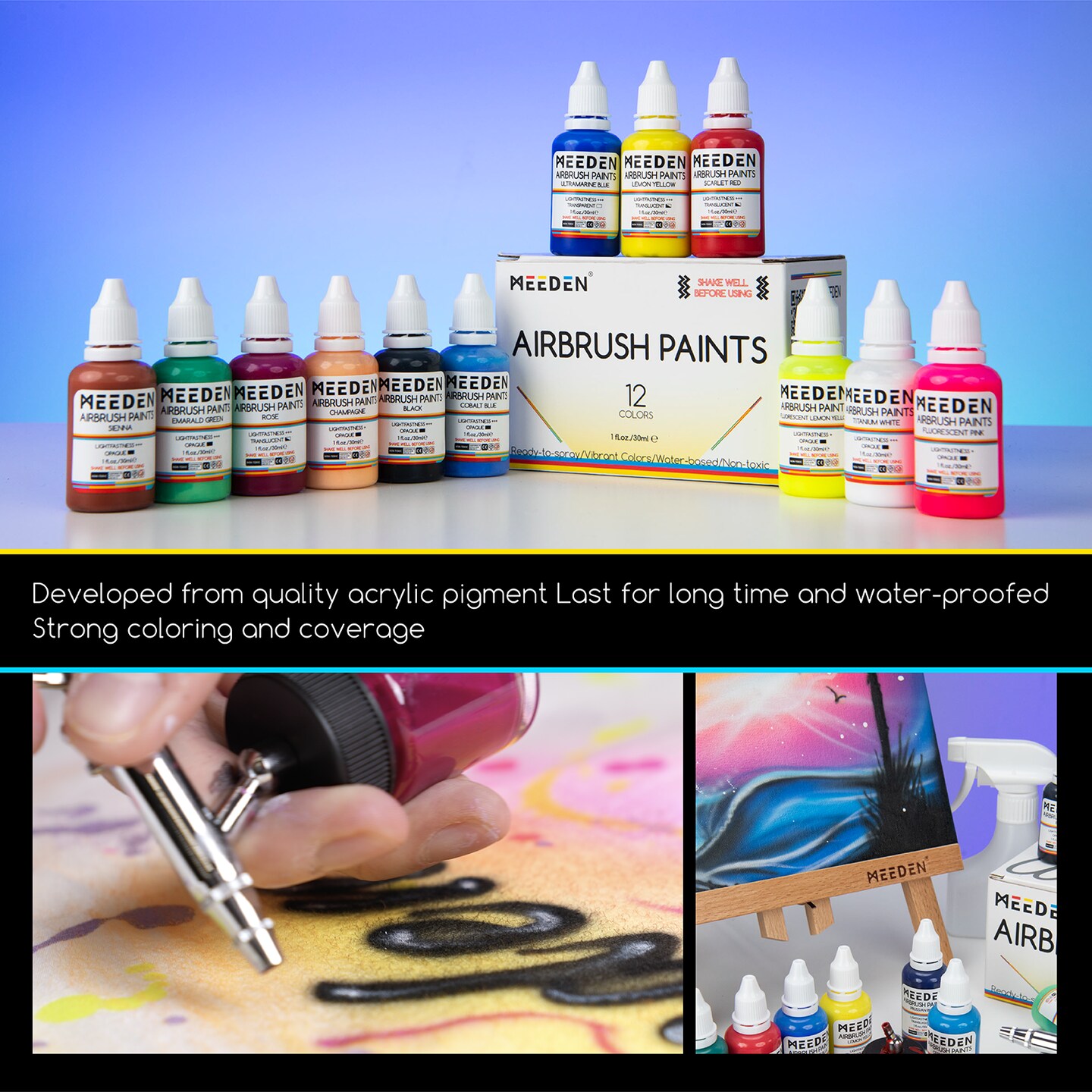 MEEDEN Acrylic Airbrush Paint for Model: 60 Colors x 30ml/1oz Air Brush Spray Paint Set Including Fluorescent and Metallic Colors