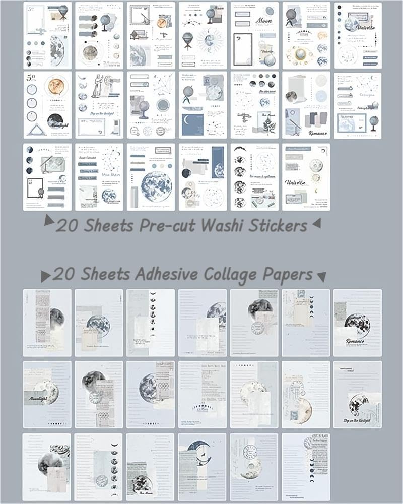 40 Sheets Vintage Washi Stickers Book for Scrapbook(Blue Planet Theme)
