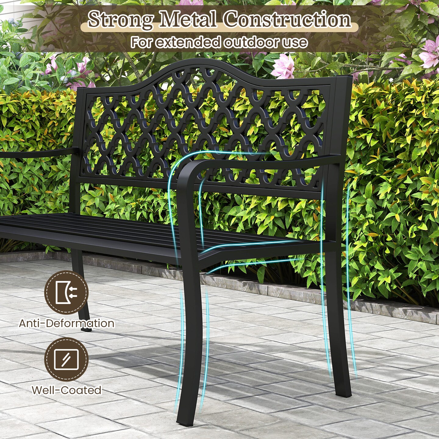 Outdoor Patio Bench for 2-3 People with Curved Armrests and Backrest