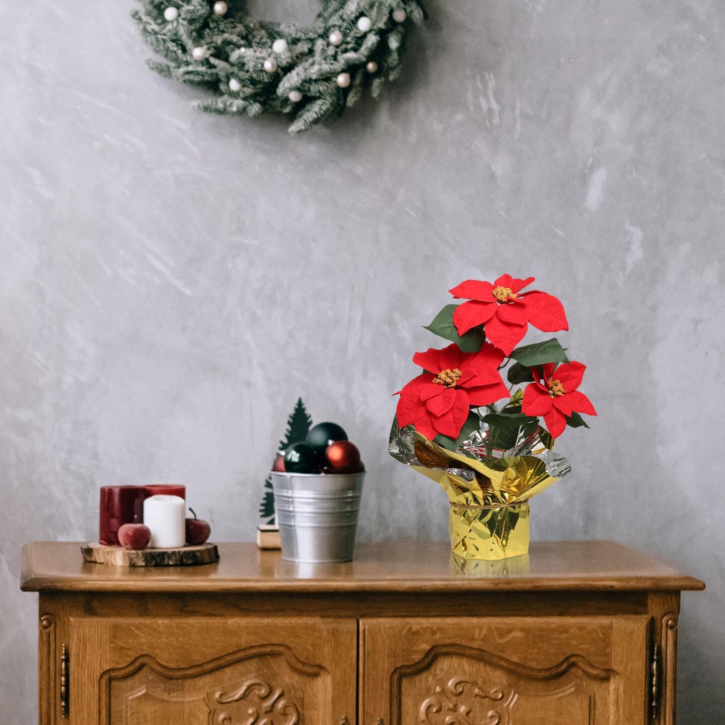 6-Pack Red Velvet Poinsettia Bush with 3 Silk Flowers in Gold Foil Pot - Lifelike Holiday Decor | Elegant Centerpiece for Tabletop &#x26; Mantel | Perfect Festive Christmas Accent - 2024 Christmas Collection, Floral Home by Artificial Flowers