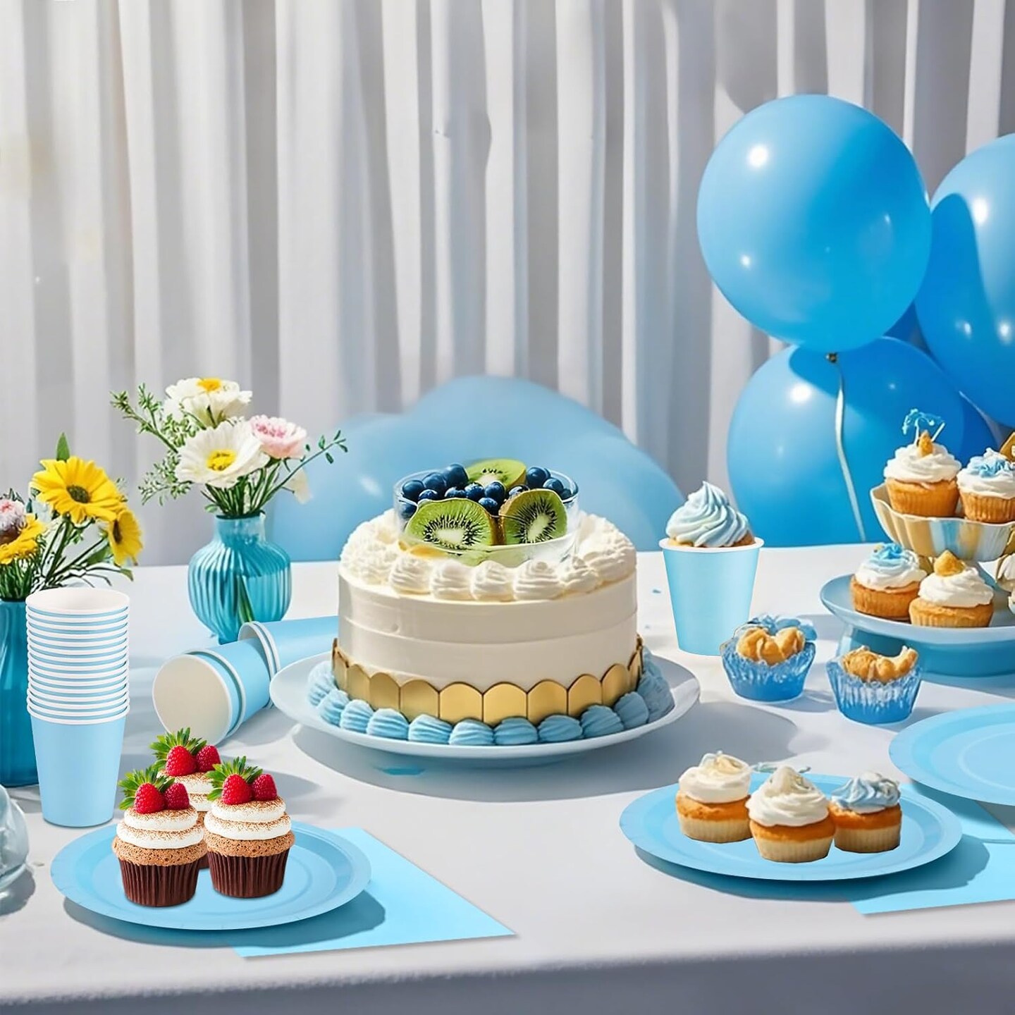 200Pcs Boy Baby Shower Party Supplies - Plates, Napkins, Cups (Baby Blue)