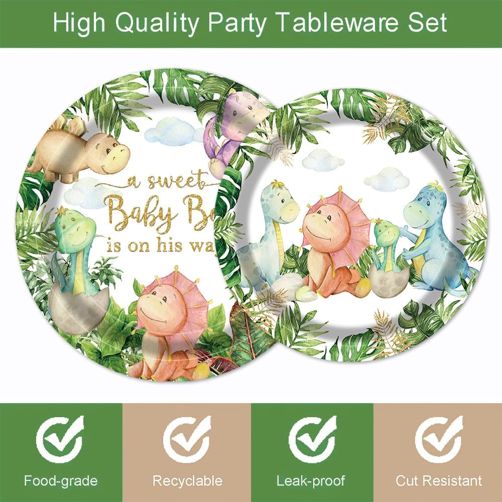 96Pcs Dinosaur Baby Shower Party Tableware Supplies,Serve 24 Guests (green and brown