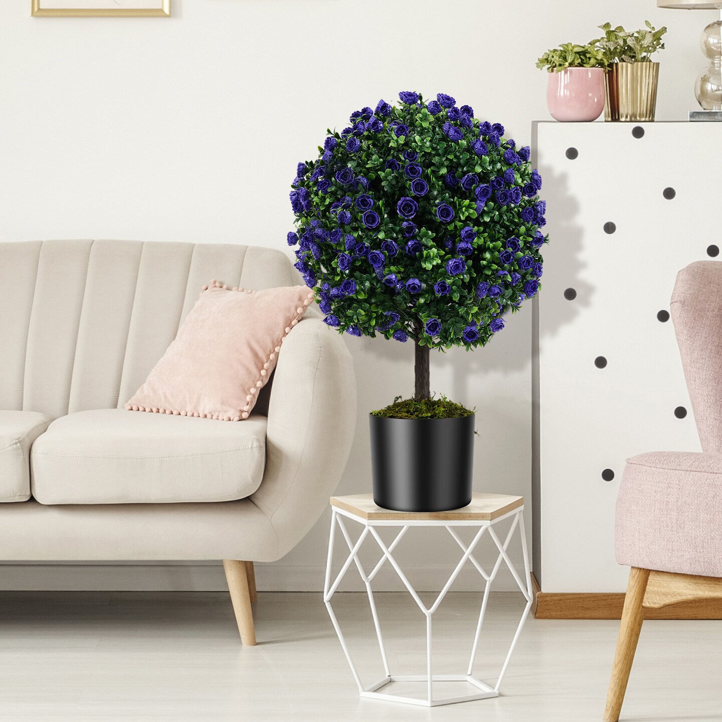 Purple Artificial Rose Topiary Tree Set of 2 with Cement Pot and UV Resistant Foliage