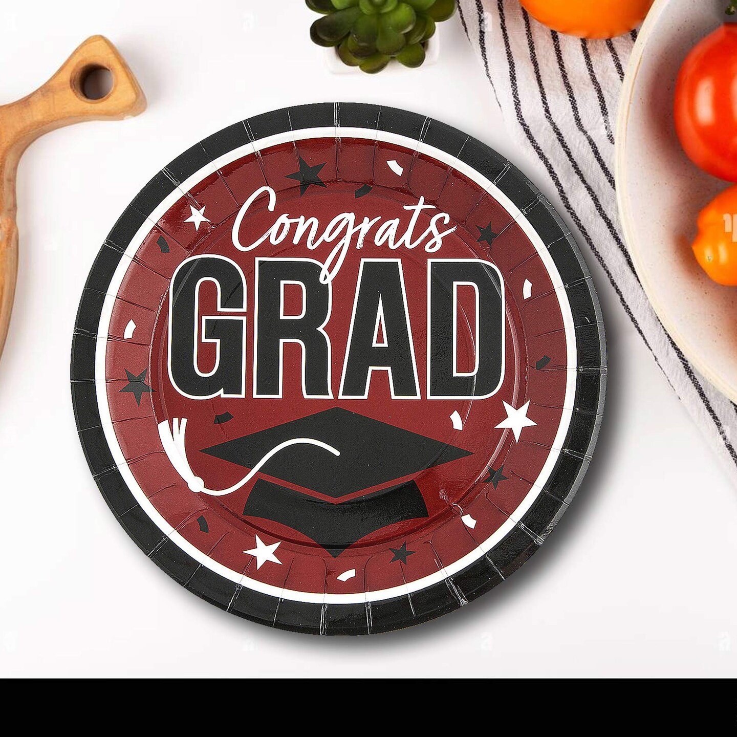 25 Count Burgundy Grad Celebration 9 Inch Round Plates for Graduation Party Dining Setup