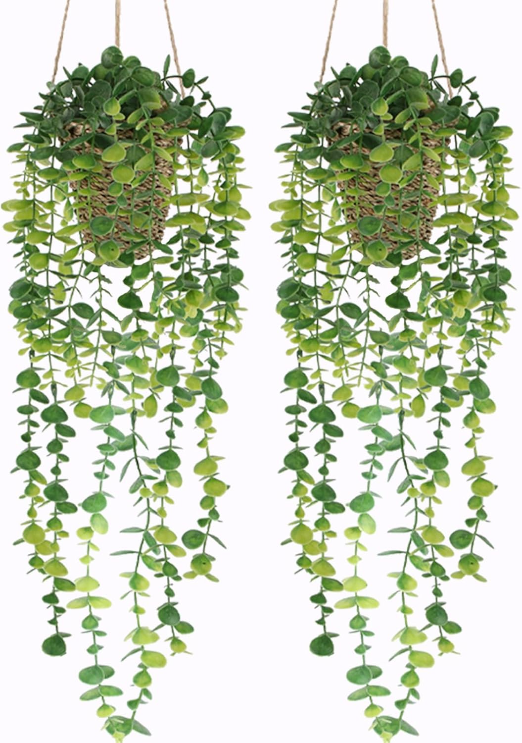 2 Pack Fake Hanging Plant with Woven Basket (2 Packs) 4.8"D x 4.8"W x 28"H