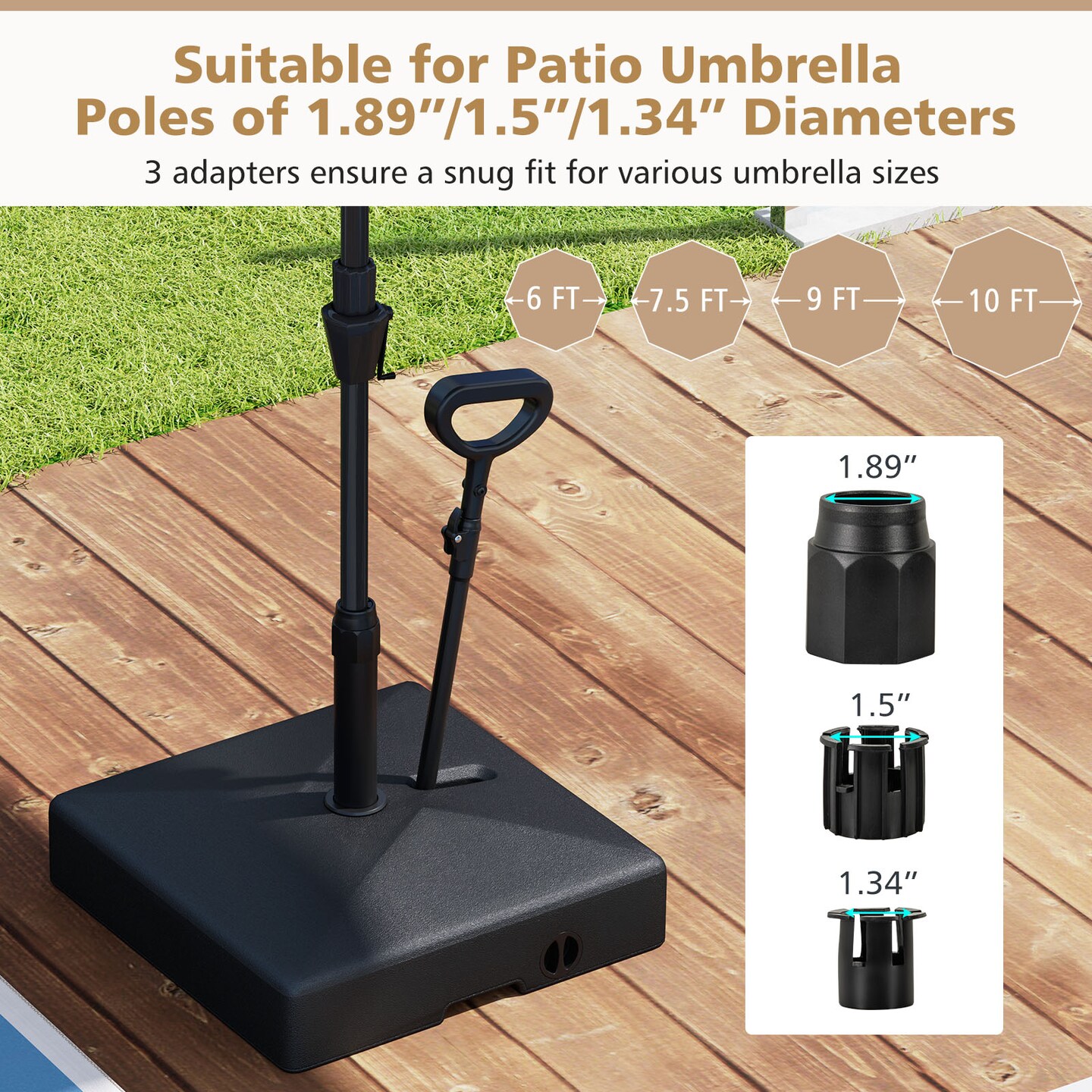 Black Patio Umbrella Base with Retractable Wheels, Adjustable Height and Multi-Adapters