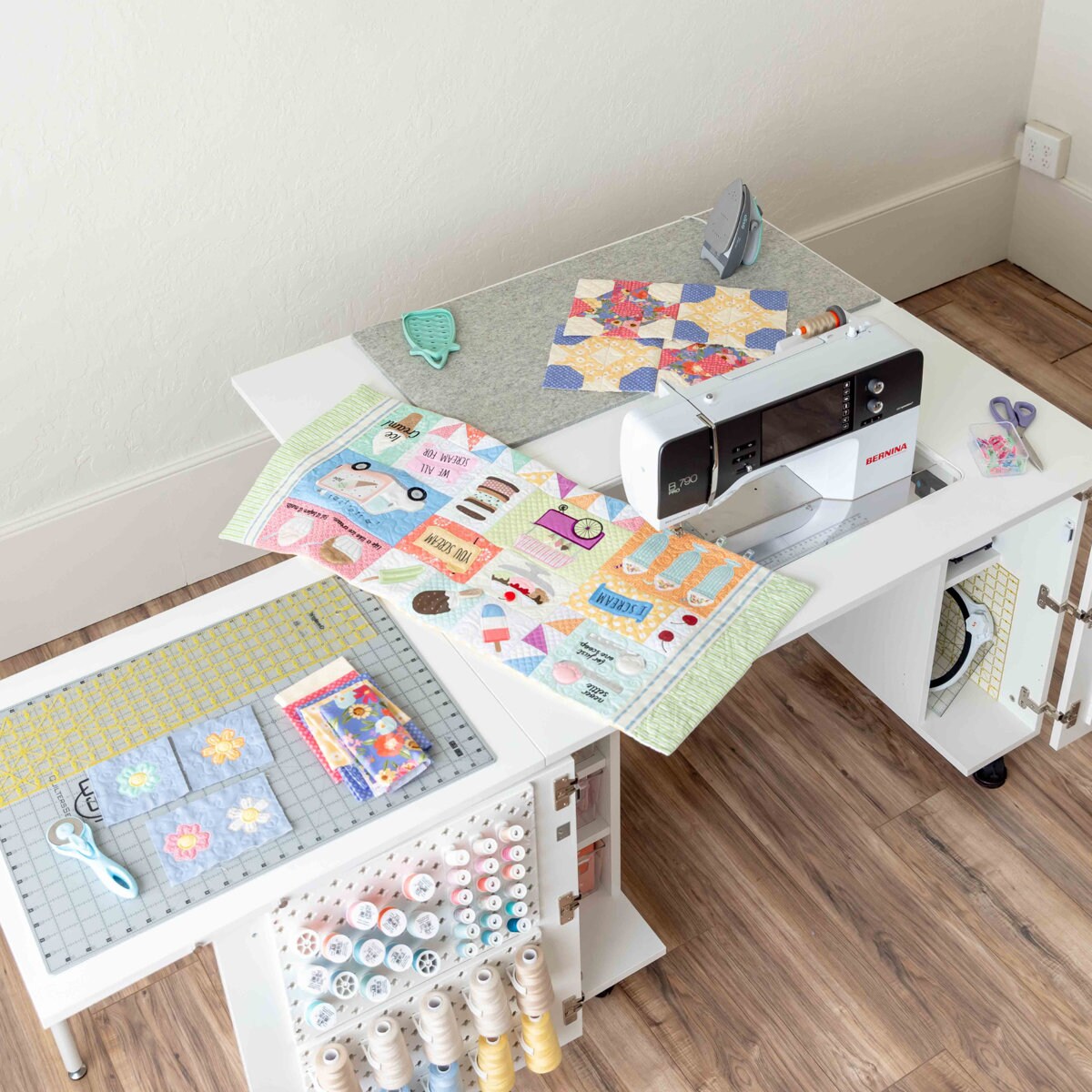DreamStation Deluxe Sewing Cabinet with Electric Lift, Folding Craft Storage Table, Pegboard Doors, Drawers &#x26; Rolling Organizer for Quilting, Scrapbooking &#x26; Home Organization