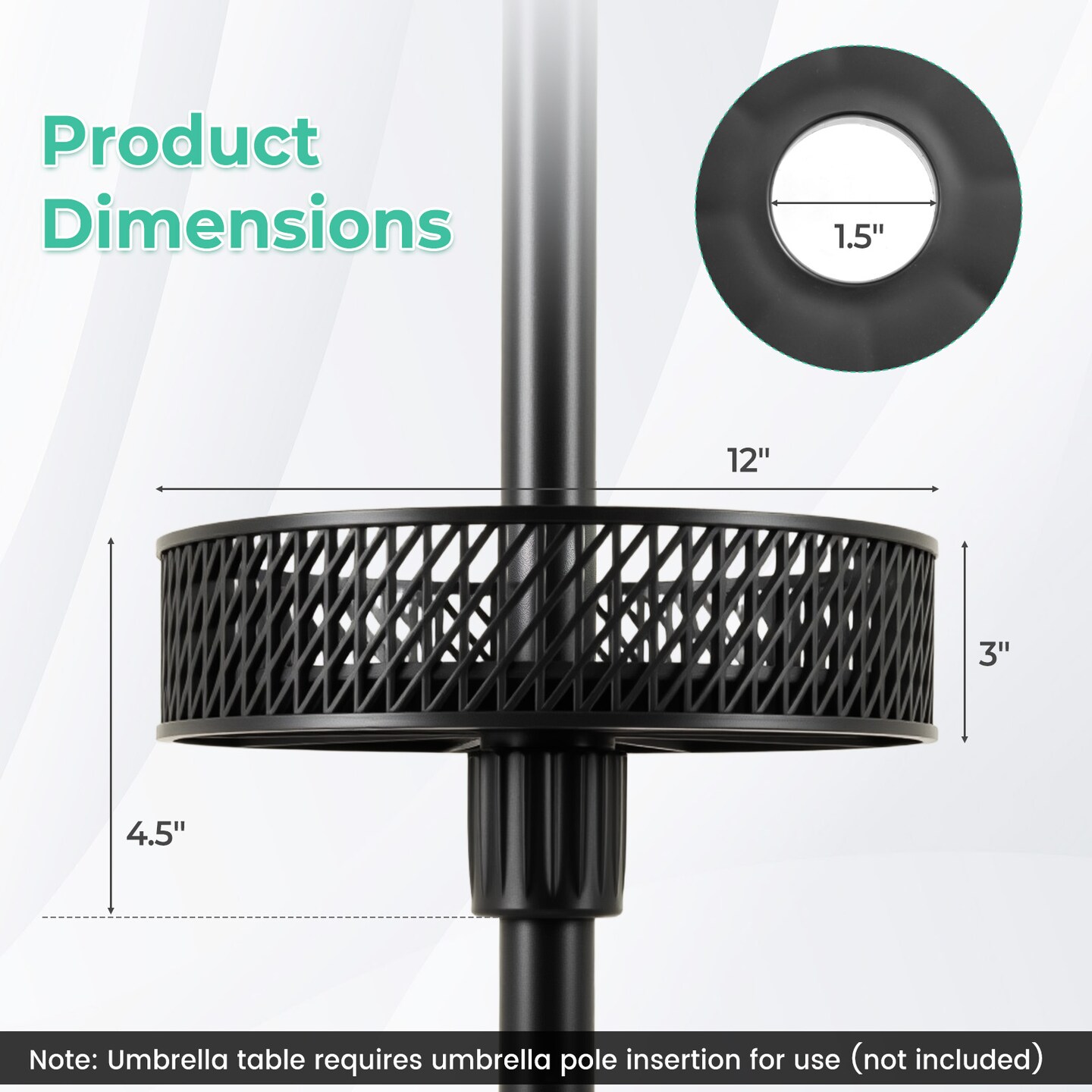 Black Patio Umbrella Table Tray with 3 Adapters for 1.26-1.5" Poles