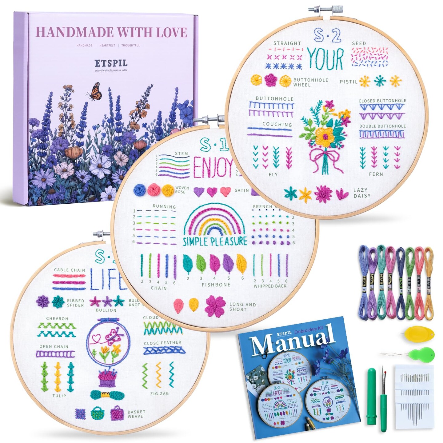 ETSPIL 3 Pack Embroidery Kit for Beginners and Adults,Learn 33 Stitches with DIY Stamped Flower Patterns &#x2013; Includes Hoop, Color Threads, Tools, and Step-by-Step Instructions with Video Tutorials
