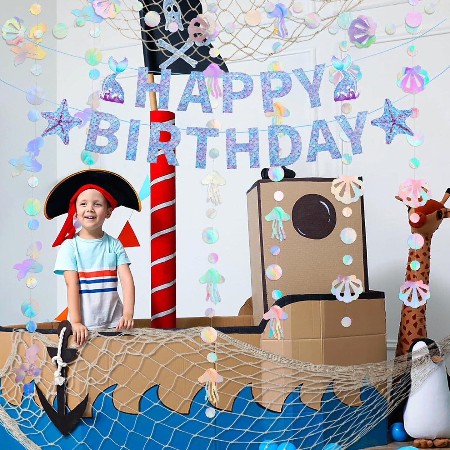 Natural Fish Net with Fringe Curtain and Bubble Garlands