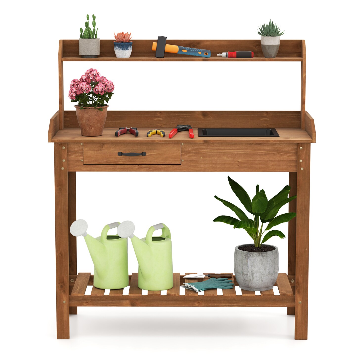 Wooden Outdoor Garden Table with Shelves and Drawer for Potting and Cleaning