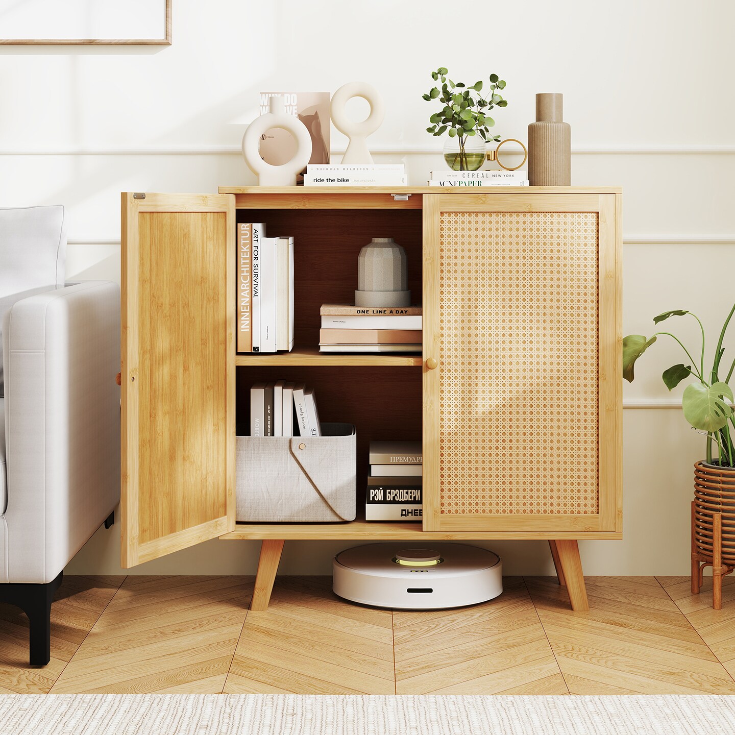 Natural Wicker PE Rattan Sideboard Cabinet with 2 Doors, Raised Base and Non-Slip Pads