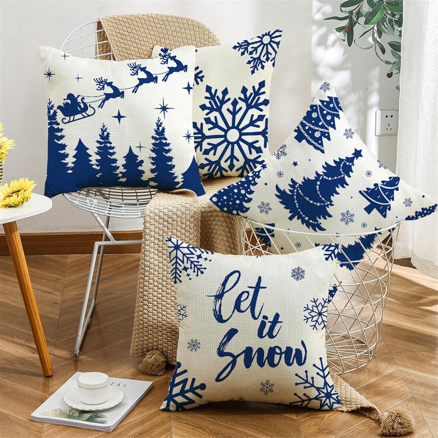 Navy Blue Snowflakes Trees Christmas Throw Pillow Covers