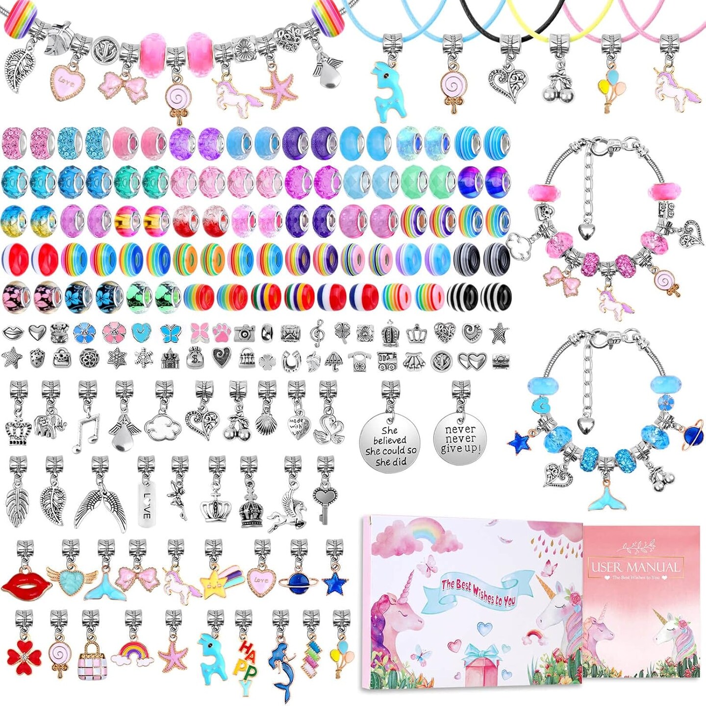 180 Pcs Charm Bracelet Making Kit for Girls, Unicorn Mermaid Crafts Gifts Set Charm Bracelets Kit DIY Arts & Crafts Making Supplies with Beads, Pendant, Bracelets, Necklace Cords Gift for Teens Girls