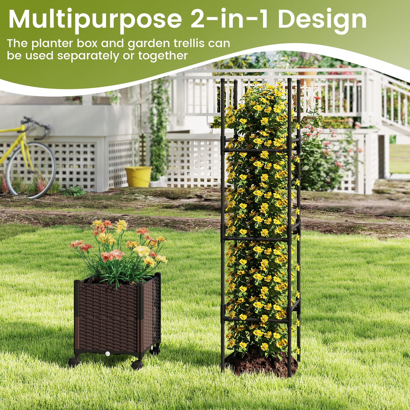 87 Inch Tall Raised Garden Bed with Trellis and Lockable Wheels for Easy Mobility