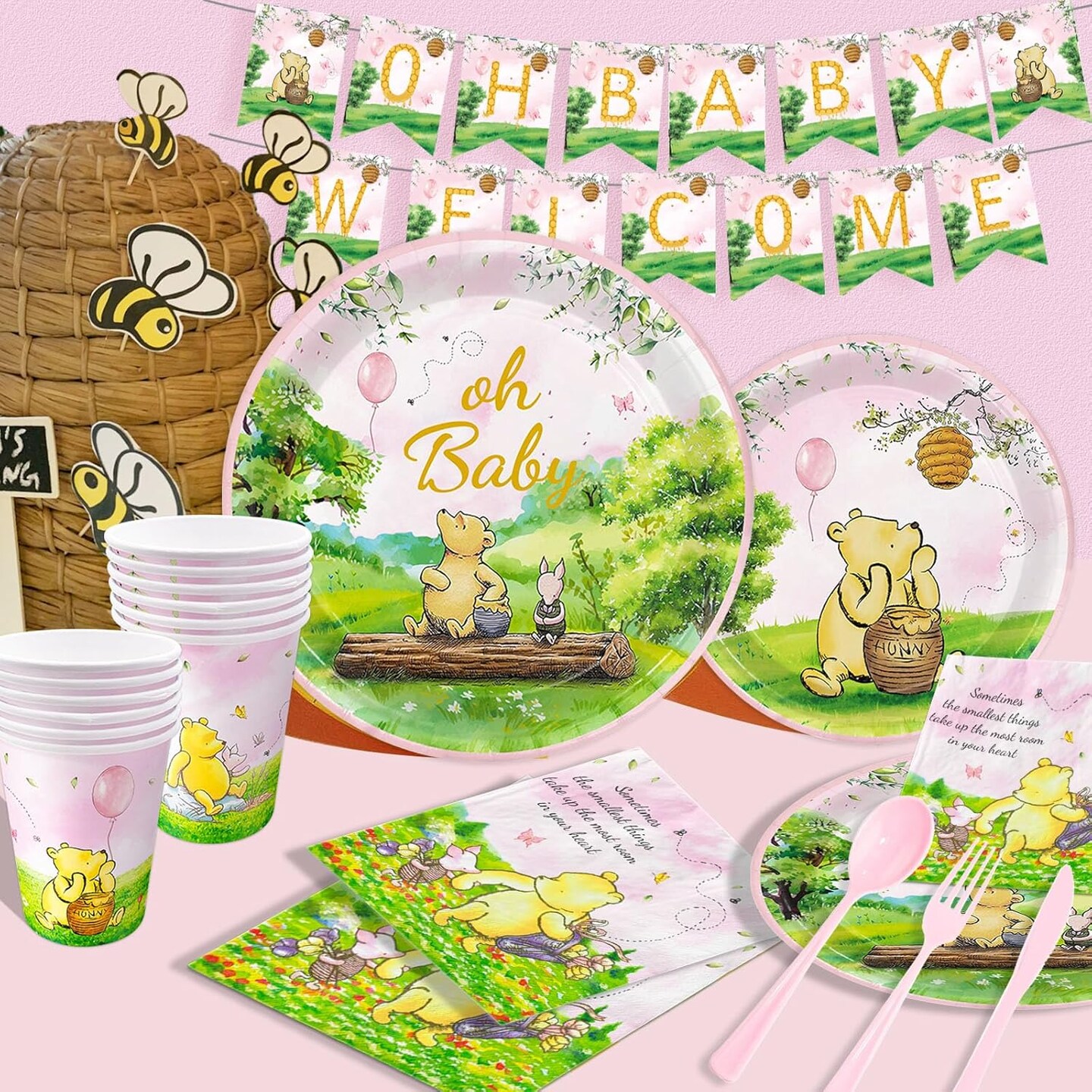 178pcs Pink Winnie Bear Baby Shower Decorations - 25 Guests (Pink Winnie Bear Baby Shower Pooh Decorations)