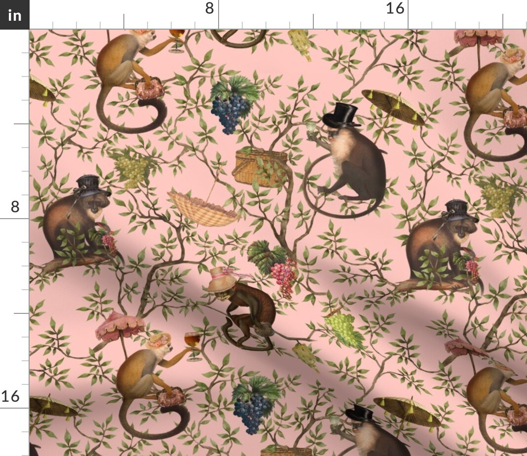Antique Chinoiserie Whimsical Drunk Monkey Marie Antoinette Rococo Garden Floral Custom Printed Fabric by Spoonflower Various Fabrics by the Yard or Fat Quarter
