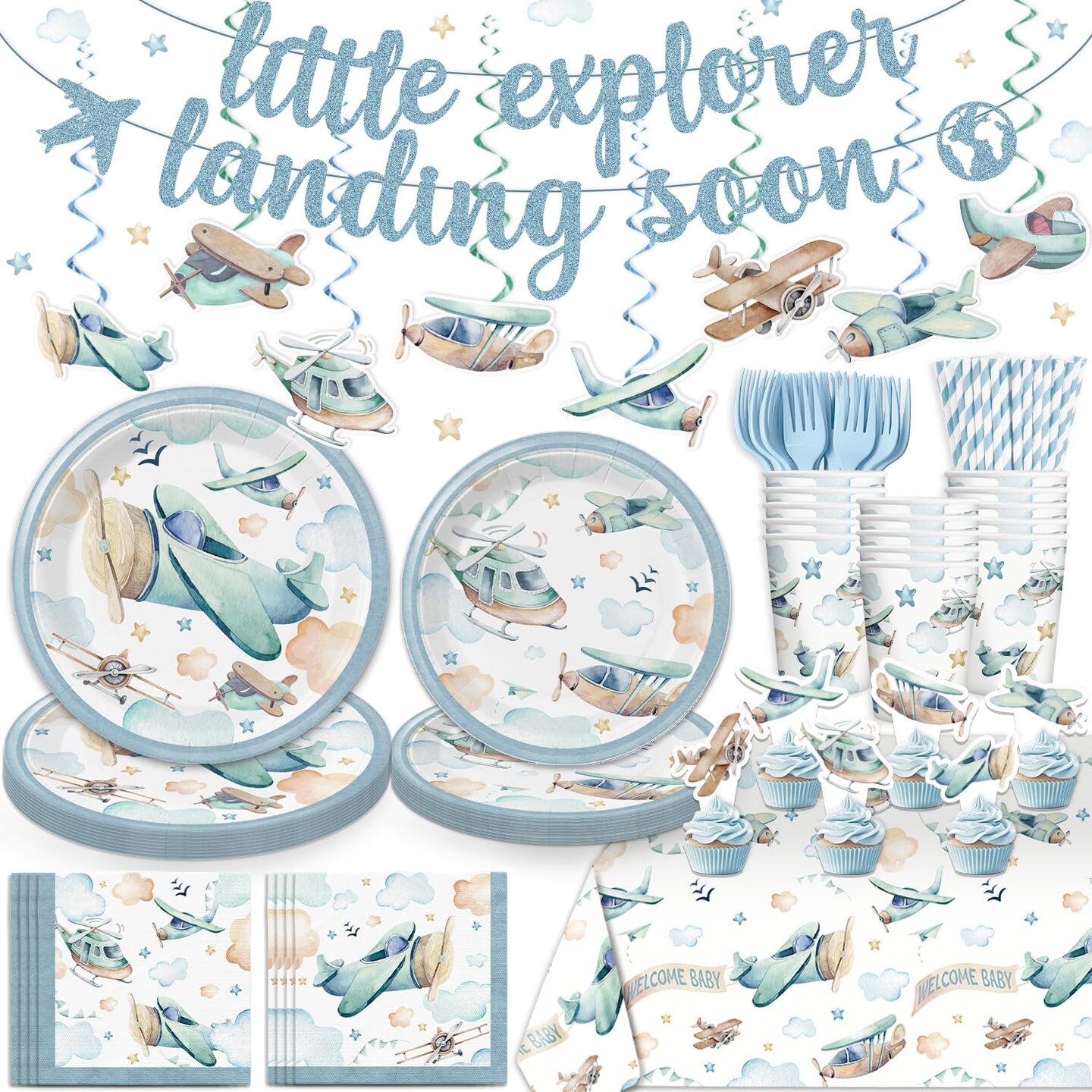 185pc Airplane Baby Shower Decorations Set (Serves 25) - Complete Tableware Kit with 300gsm Heavy-Duty Plates, Tablecloths, Banner, Balloons & Cupcake Toppers - Boy's Airplane Theme Party Supplies