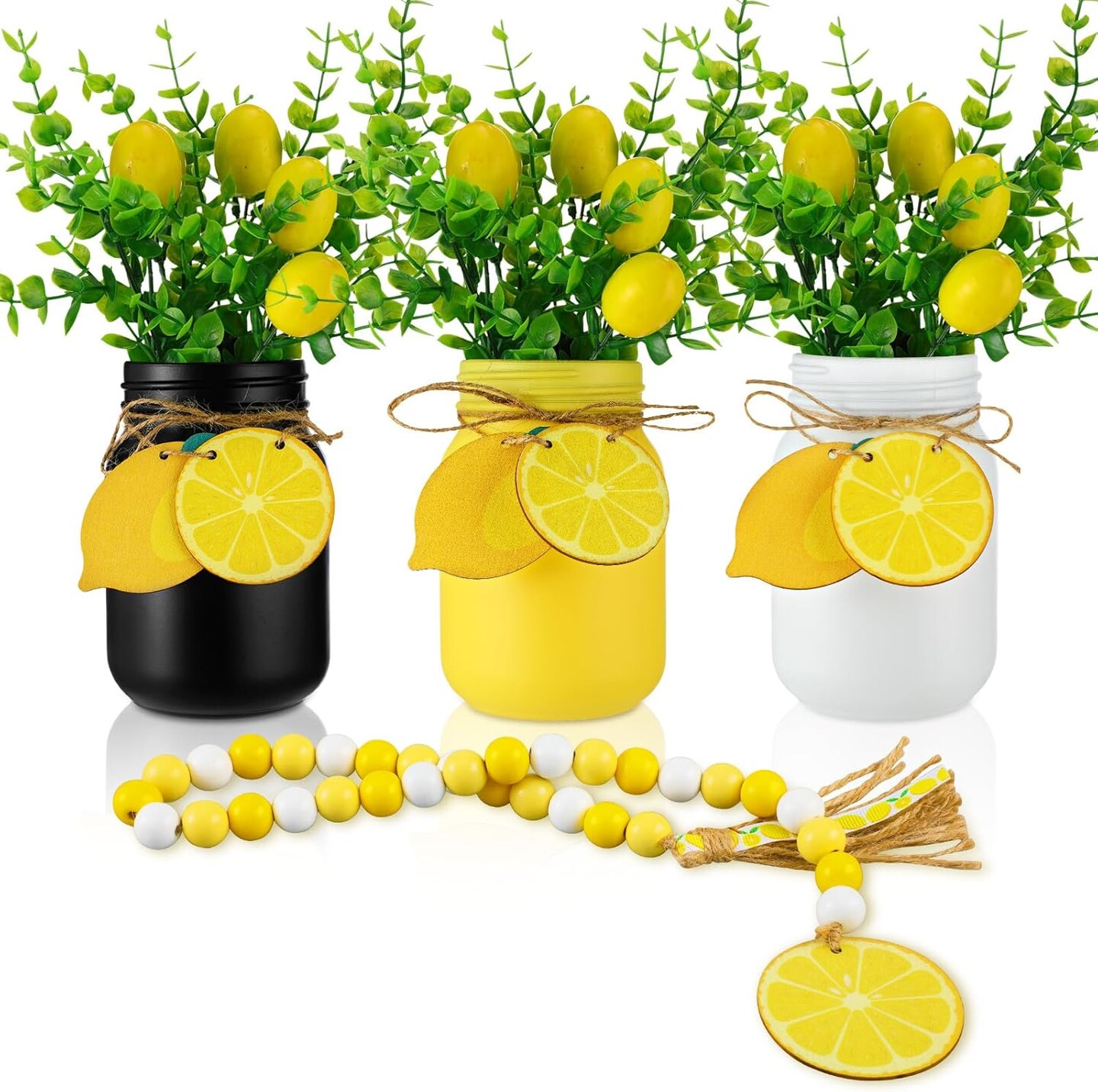 3 Pcs Lemon Kitchen Decor and Accessories Summer Farmhouse Mason Jar Table Centerpieces with Fake Plants Wooden Lemon Sign Garland Wooden Bead Twine for Tiered Tray Decor for Table Home