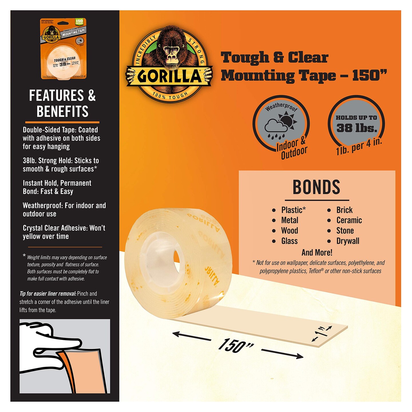 Tough &#x26; Clear Double Sided Mounting Tape, Clear Tape, 1&#x22; x 150&#x22; (Pack of 1) - Weatherproof for Indoor or Outdoor