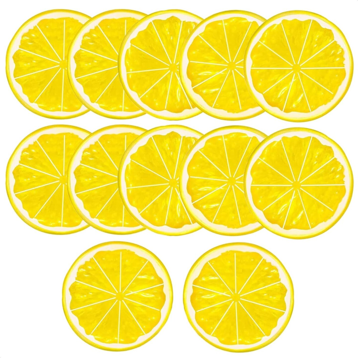 12Pcs Fake Lemon Slices Artificial - Fruit Party Decorations Fake Lemon Fruit Decorations for Party Lemon Kitchen Decoration - Simulation Yellow Lemon Home - 2 Inch Plastic Fruit Decor Kitchen