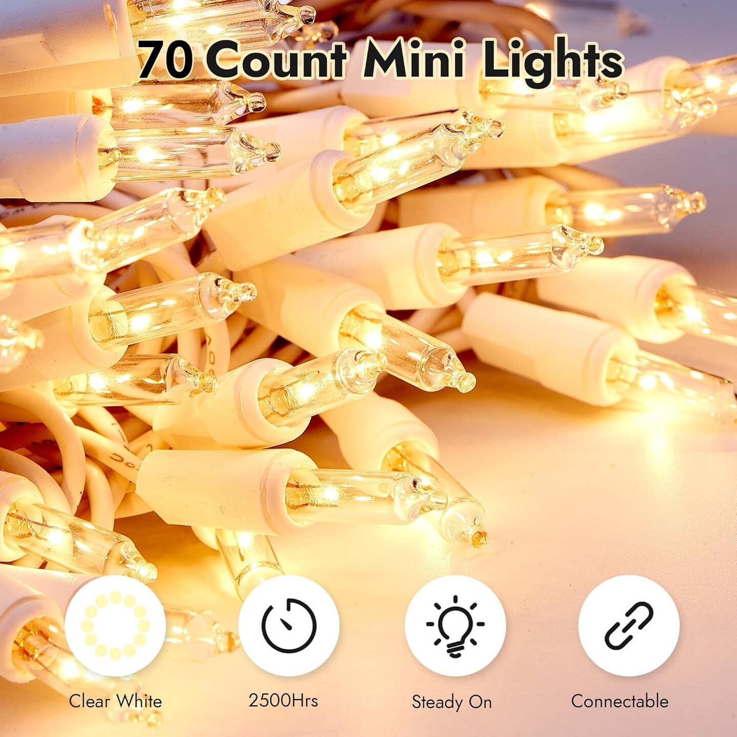 Christmas Lights Clear White 70 Count Incandescent Light UL Certified Connectable Christmas Tree Lights with White Wires for Indoor Outdoor